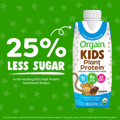 Orgain Organic Kids Nutritional Vegan Protein Shake, Chocolate - Healthy Kids Snacks, 8g Plant Protein, 23 Vitamins & Minerals, 3g Fiber, No Dairy & Soy, Non-GMO, 8 Fl Oz (12 Pack) Package May Vary