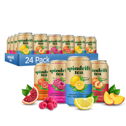 Spindrift Brewed Iced Tea, Variety Pack with Black Tea & Green Tea, Made with Real Squeezed Fruit, No Carbonation, 12 Fl Oz Cans, Pack of 24 (22-49 Calories)