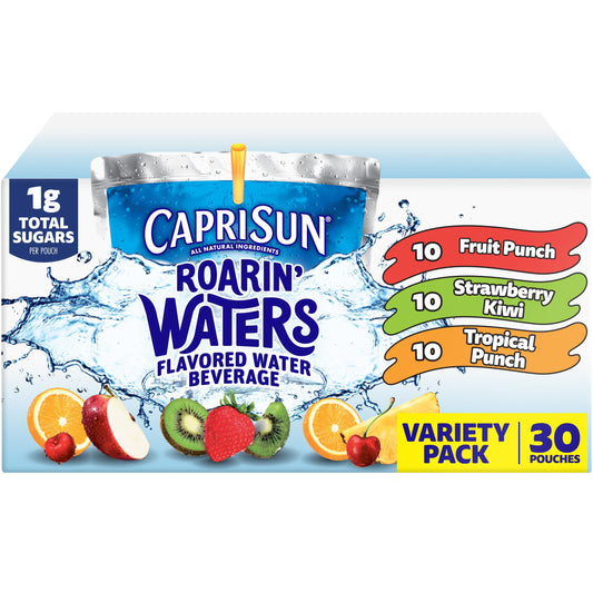 Capri Sun Roarin' Waters Flavored with Other Natural Flavor Water Beverage, 30 Pouches, for School Lunches and On-the-Go Hydration, Fruit Punch, Strawberry Kiwi and Tropical Punch, 6 fl oz