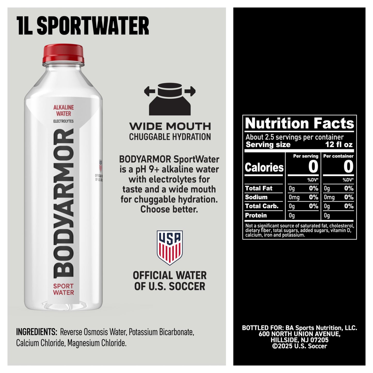 BODYARMOR SportWater Alkaline Water, High Alkaline Bottled Water, pH 9+, 1 Liter (6 Pack), Refreshing Electrolyte Water Pack, Wide Mouth Bottle