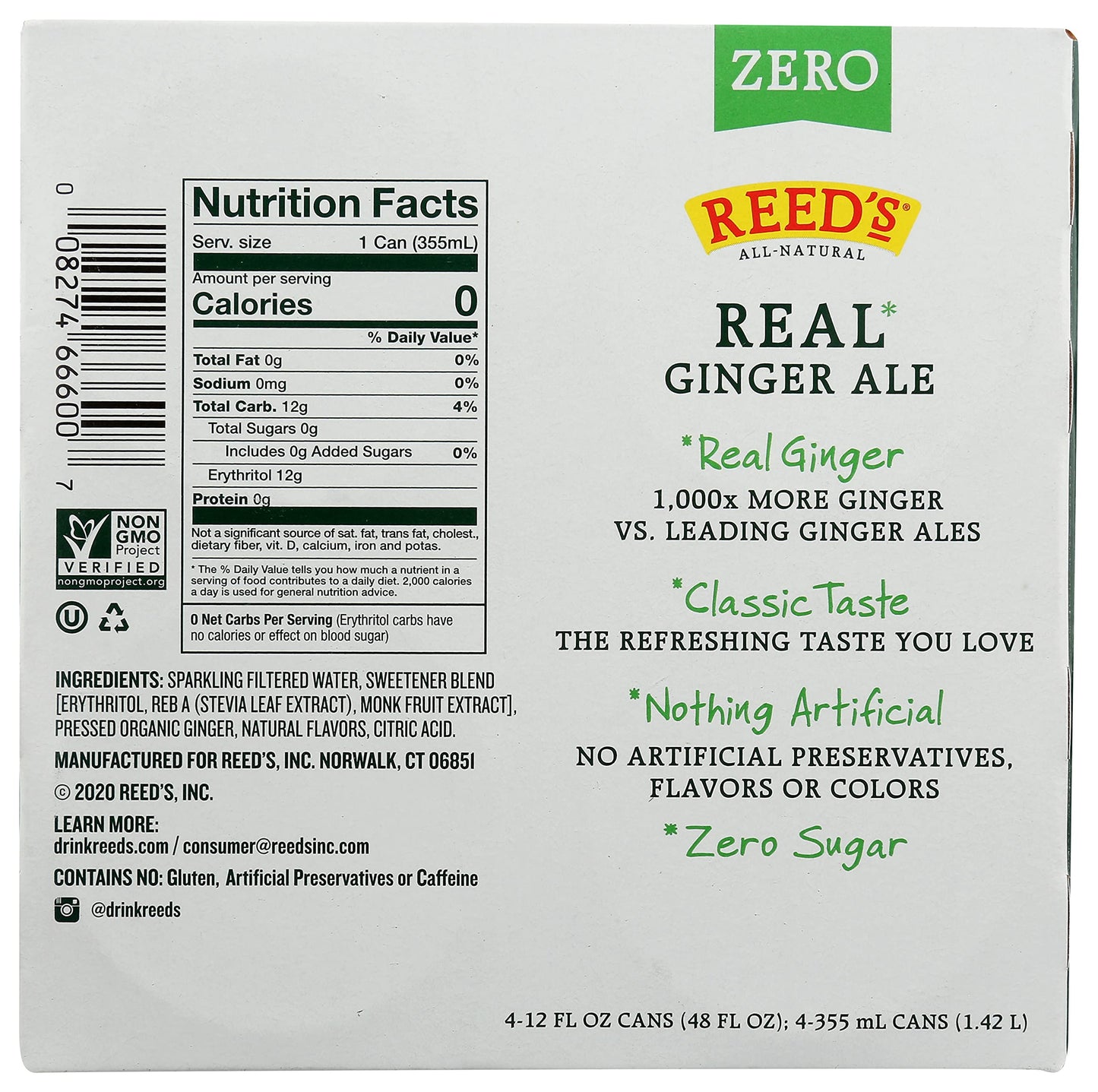 REEDS GINGER BREW Zero Sugar Ginger Ale Soda 4 Pack, 12 FZ