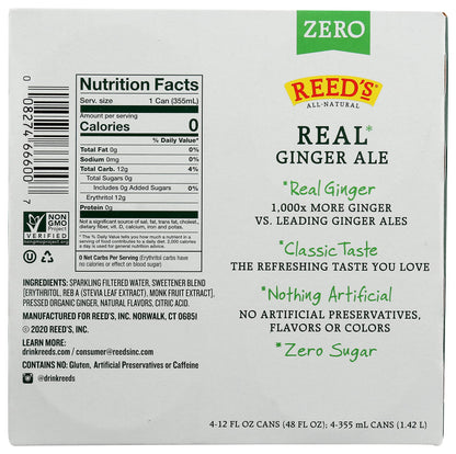 REEDS GINGER BREW Zero Sugar Ginger Ale Soda 4 Pack, 12 FZ