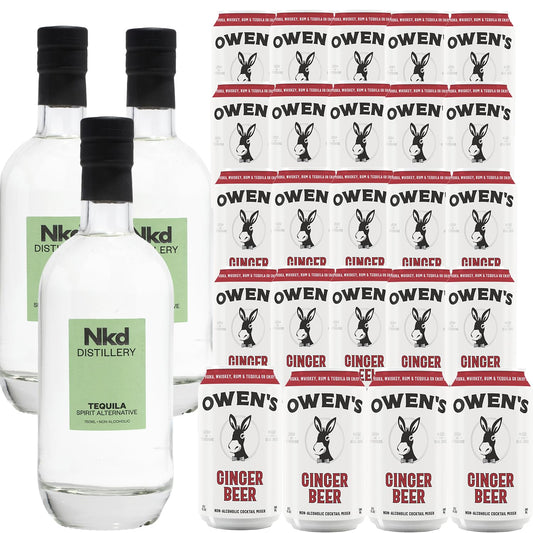Nkd Distillery Tequila Alternative Premium Non-Alcoholic Spirit 750 ML Bottles w Owen’s Mixers Ginger Beer 8.2 OZ Cans - Perfect for Mocktails - Made in USA