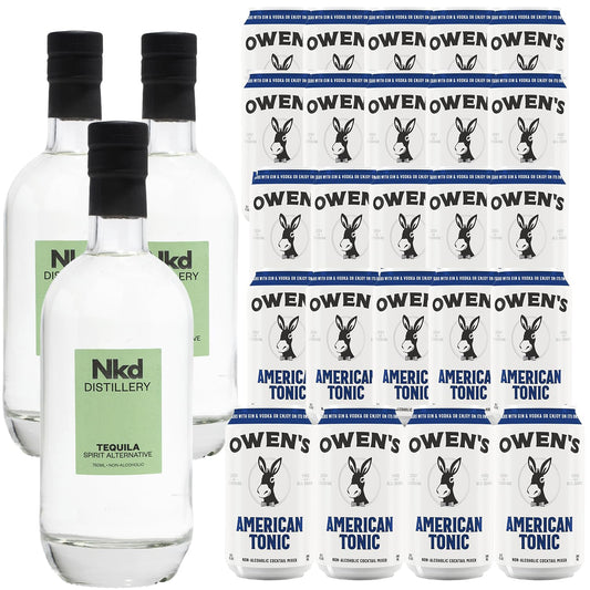 Nkd Distillery Tequila Alternative Premium Non-Alcoholic Spirit 750 ML Bottles w Owen’s Mixers Tonic 8.2 OZ Cans - Perfect for Mocktails - Made in USA
