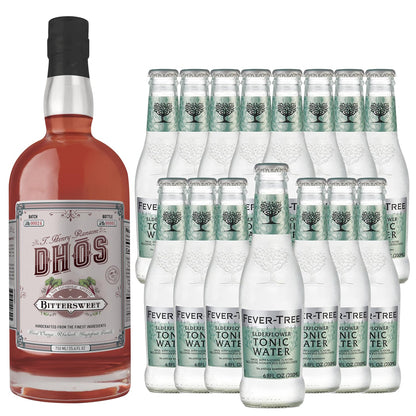 Dhos Handcrafted Non-Alcoholic Bittersweet w 15 Pack Fever Tree Elderflower Tonic Water - Keto-Friendly, Zero Sugar, Zero Calories, Zero Proof - 750 ML - Perfect for Mocktails - Made in USA