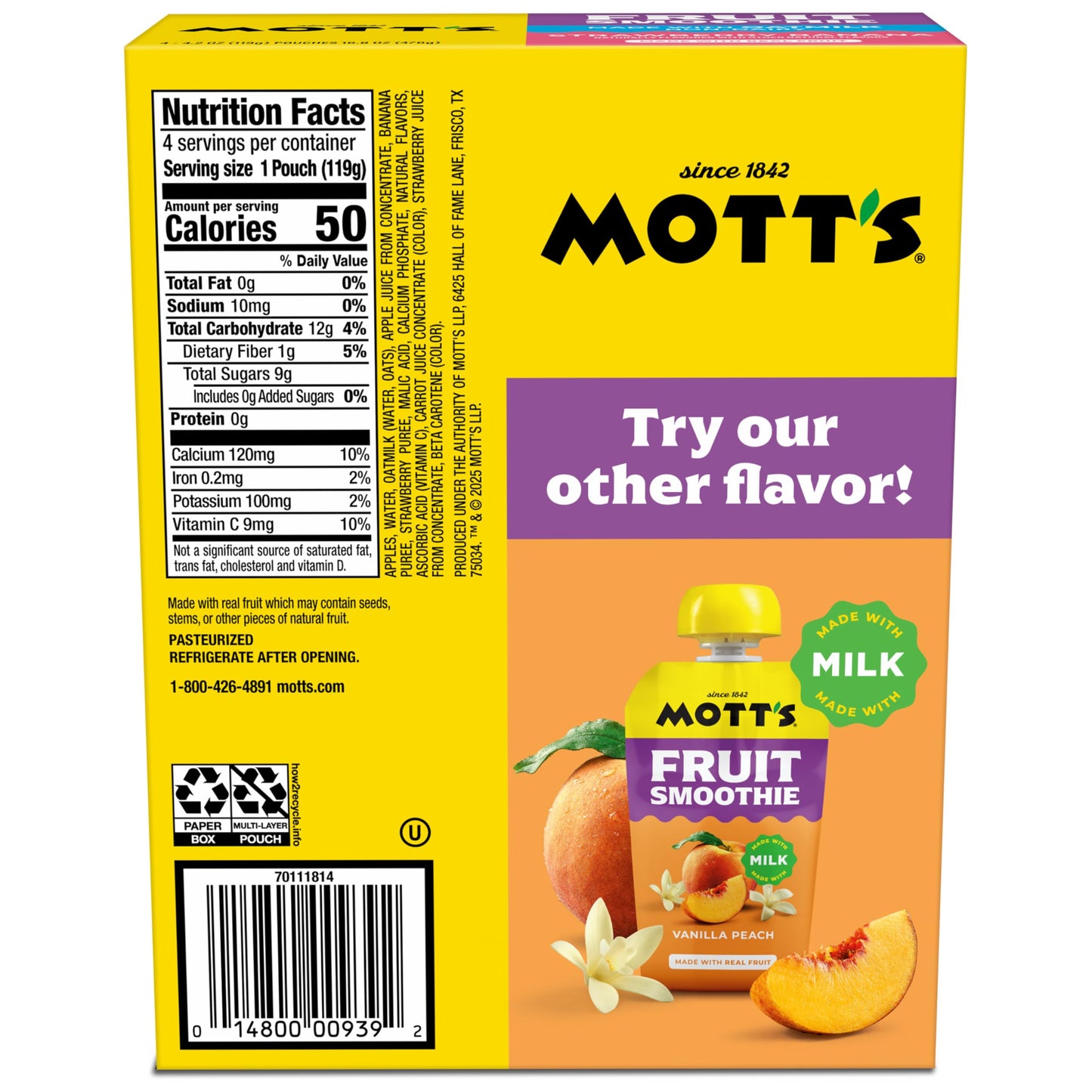 Mott’s Fruit Smoothies Strawberry Banana, 4.2 oz clear pouches, 4 Pack, Non-dairy, Made With Oatmilk, Made With Real Fruit, Good Source of Calcium, On-the-Go