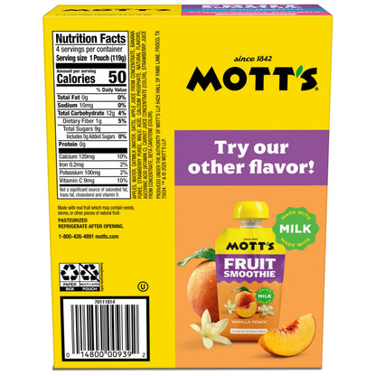 Mott’s Fruit Smoothies Strawberry Banana, 4.2 oz clear pouches, 4 Pack, Non-dairy, Made With Oatmilk, Made With Real Fruit, Good Source of Calcium, On-the-Go