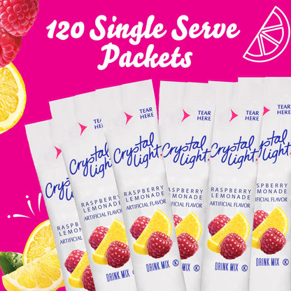 Crystal Light Single Serve Raspberry Lemonade Artificially Flavored Powdered Drink Mix, 120 per Case, 4 Boxes of 30 On-the-Go Packets
