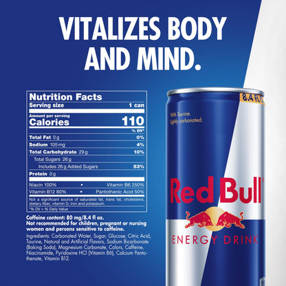 Red Bull Energy Drink with 80mg Caffeine plus Taurine & B Vitamins, 8.4 Fl Oz, Pack of 4 Cans