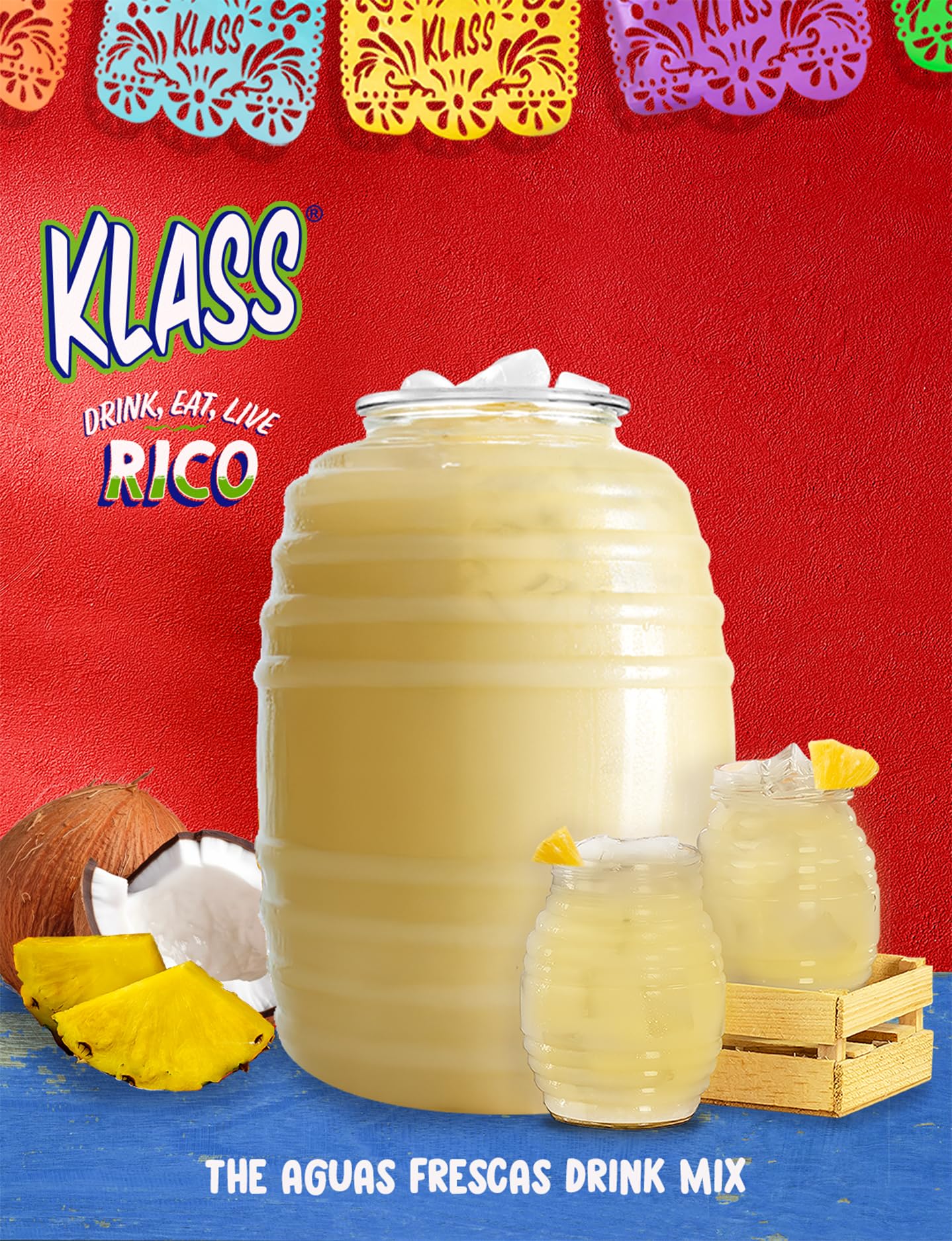Klass Aguas Frescas Drink Mix Variety Pack - Pina Colada, Cucumber Limeade, Tropical Punch & Strawberry Watermelon - Powder Drink Mix, Water Drink Mix with Natural Flavors & Vitamin C, Makes 28 to 36 Quarts (56 to 72 Drinks)
