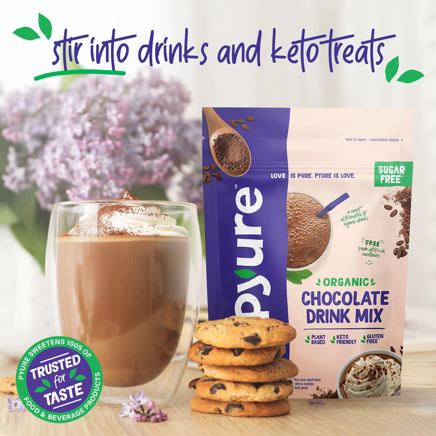 Pyure Organic Sugar Free Chocolate Drink Mix | Low Carb Chocolate Milk Powder with Cocoa | Keto, Vegan, Gluten-Free, Plant-Based | 1 Net Carb, Zero Sugar, Non-GMO, USDA Organic | 7.23 oz