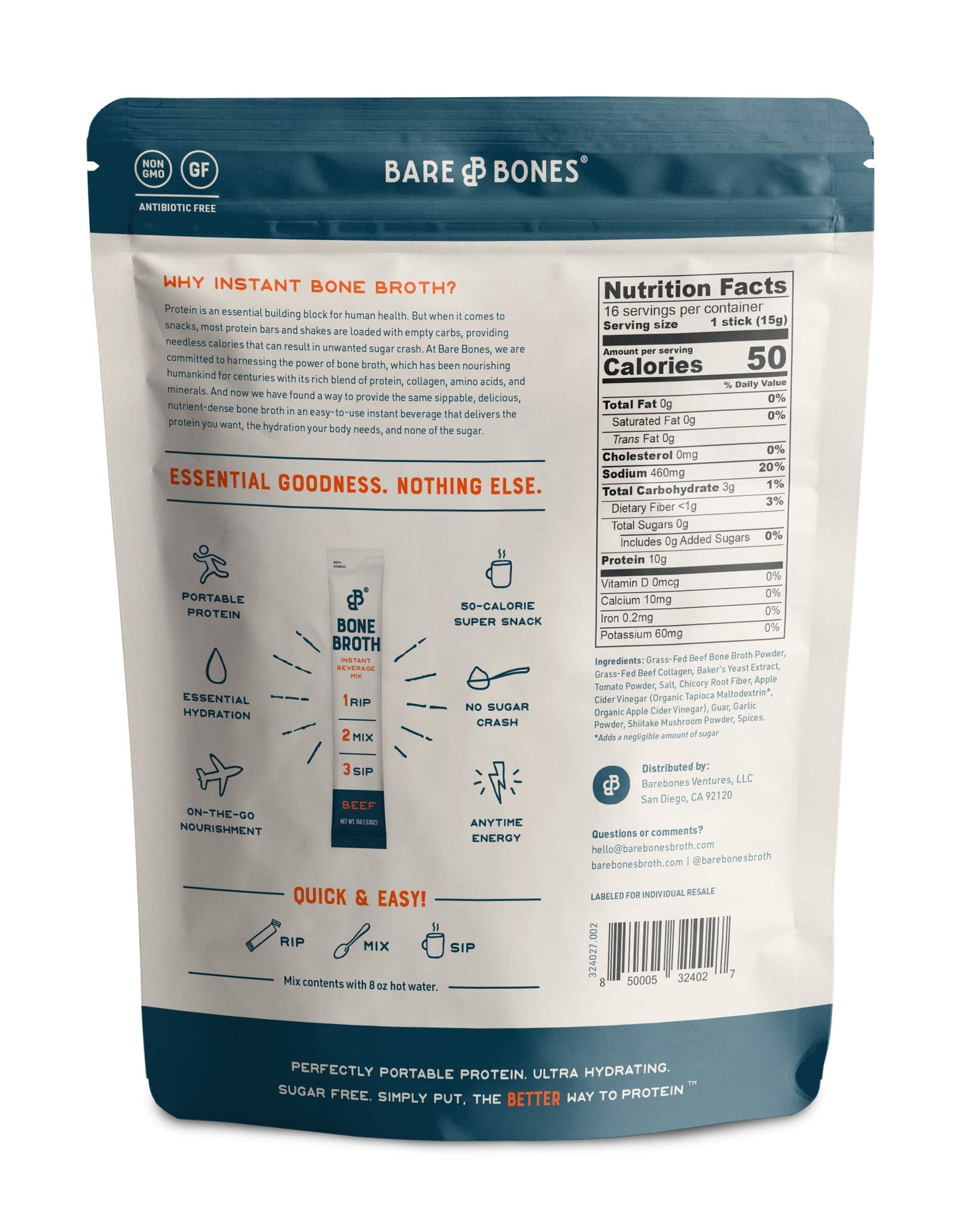 Bare Bones Beef Bone Broth Instant Powdered Mix | Rich Savory Packets on-the-Go No Artificial Flavors | 100% Grass Fed Keto & Paleo Friendly | Sticks 10g Protein | 32 Pack