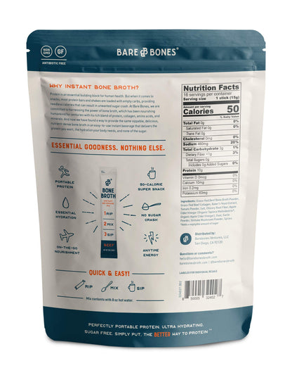 Bare Bones Beef Bone Broth Instant Powdered Mix | Rich Savory Packets on-the-Go No Artificial Flavors | 100% Grass Fed Keto & Paleo Friendly | Sticks 10g Protein | 32 Pack