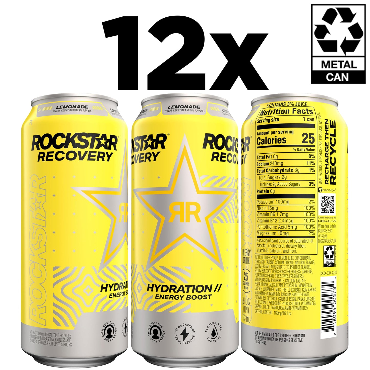 Rockstar Energy Drink with Caffeine Taurine and Electrolytes,Recovery Lemonade,16oz (Packaging May Vary),(Pack of 24)