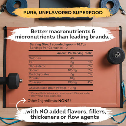 Premium Chicken Bone Broth Powder, 10 servings, 100% Made & Sourced in USA, 10g protein for only 40 calories per serving, Non-GMO, Collagen & Nutrient Rich