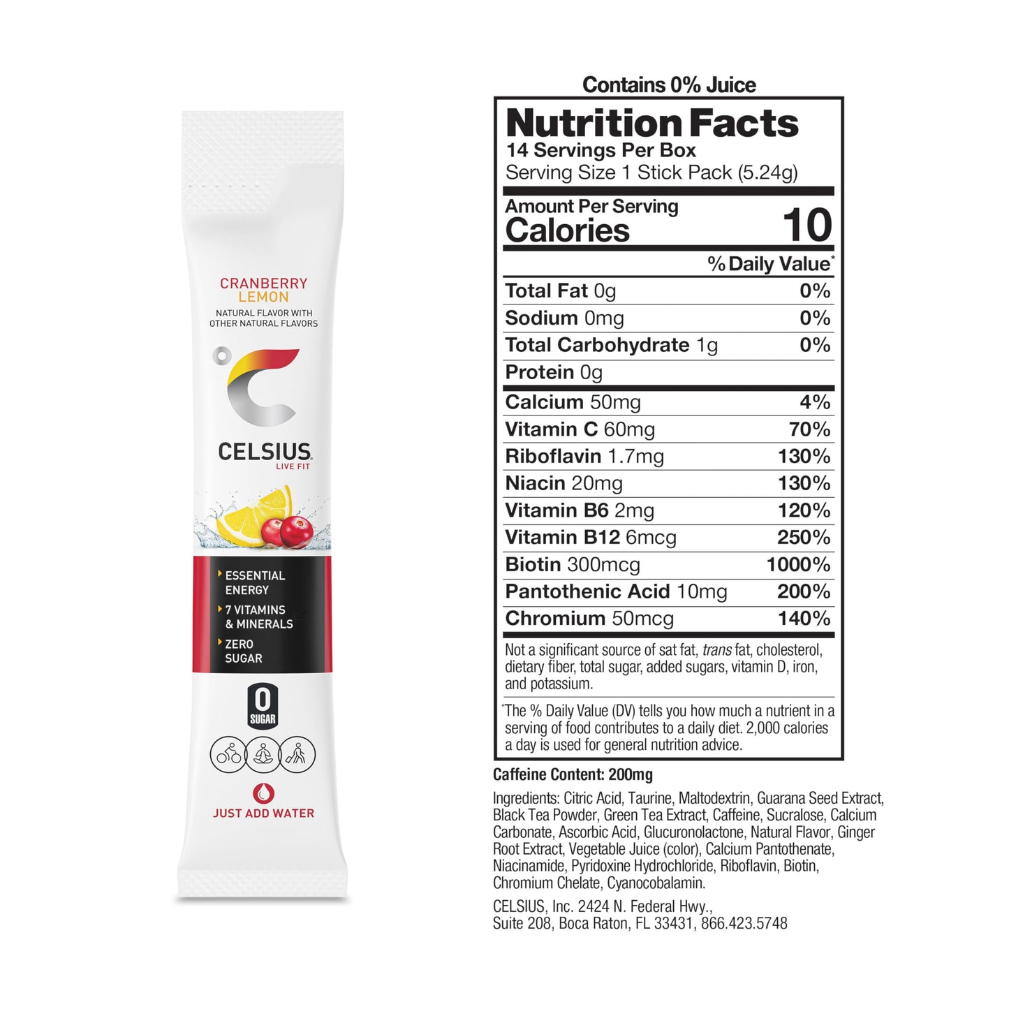 CELSIUS On The Go Cranberry Lemon, Sugar Free Energy Drink Mix (14 Sticks per Pack)