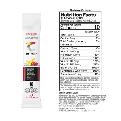 CELSIUS On The Go Cranberry Lemon, Sugar Free Energy Drink Mix (14 Sticks per Pack)