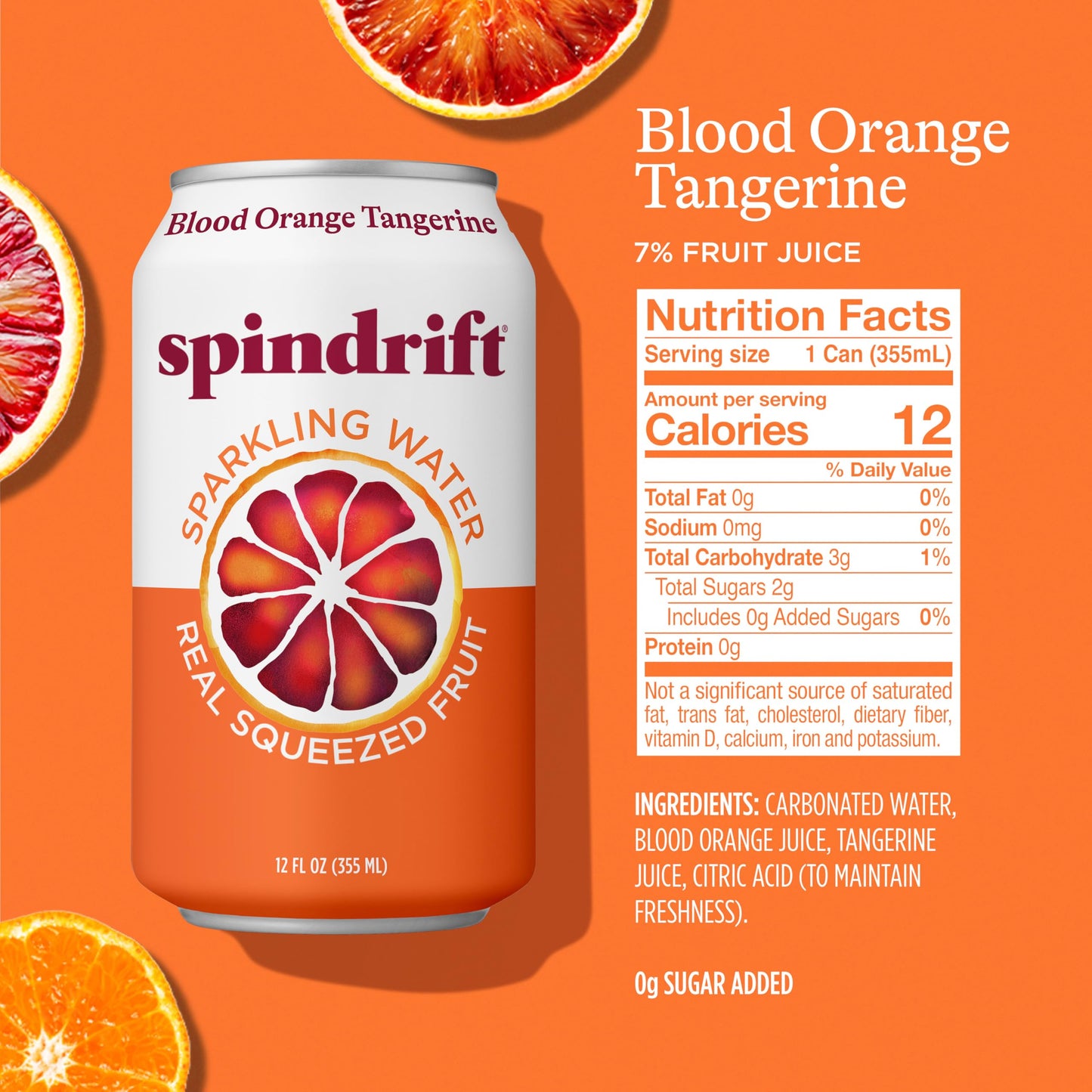 Spindrift Sparkling Seltzer Water, Blood Orange Tangerine Flavored, Made with Real Squeezed Fruit, 12 Fluid Ounce Cans, Pack of 8 Cans