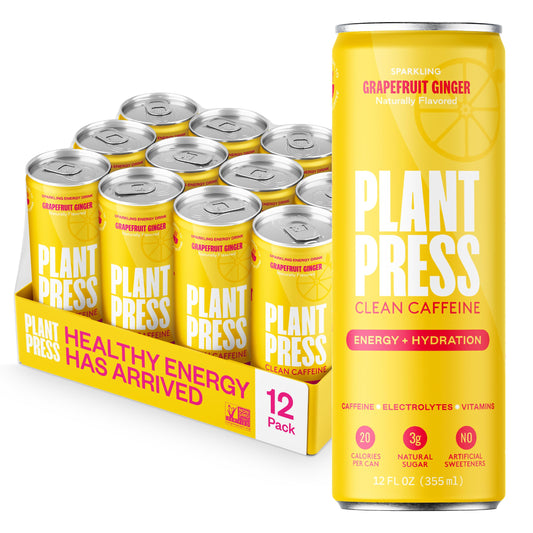Plant Press - Organic Energy Drink, 100 mg Caffeine Clean Coffee Alternative, Full Range of Vitamins, Electrolytes, No Sugar Alcohols, No Preservatives - Grapefruit Ginger (12 Fl Oz, 12 Pk)