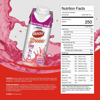 BOOST Breeze Clear Nutritional Drink - 250 Calories - 19 Vitamins & Minerals - 9 g Protein – Fortified with Vitamin A & Zinc - Wild Berry Flavor - 8 fl oz (Pack of 24)
