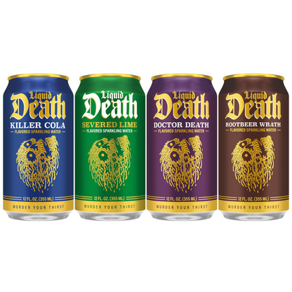 Liquid Death Soda-Flavored Sparkling Water - Classic Variety, Less Sugar*, Huge Flavor, No Caffeine, No Artificial Sweeteners, 4 Flavors: Lime, Doctor Death, Cola, Root Beer, 12 Fl Oz (Pack of 12)