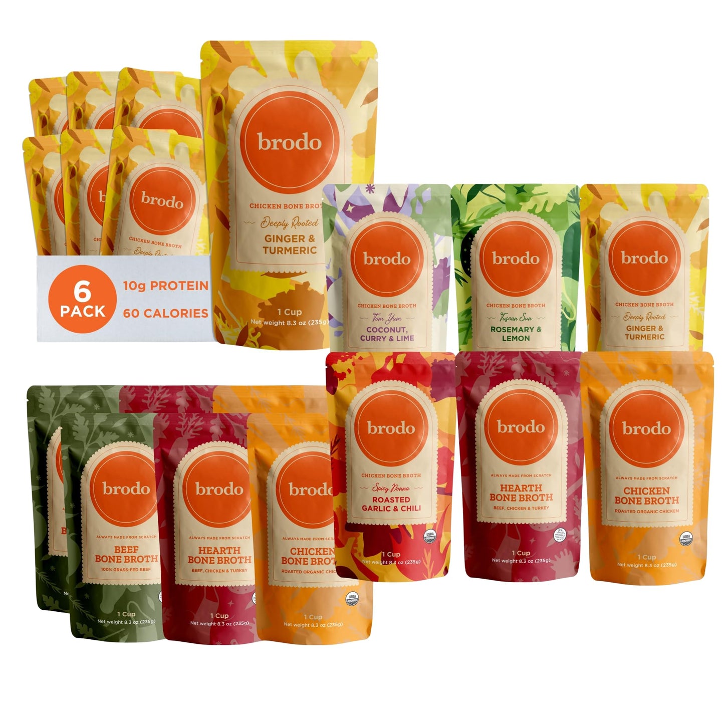 Brodo Bone Broth Bundle, Variety, Classic, and Deeply Rooted Packs, 8.3 oz (18 Cups Total)