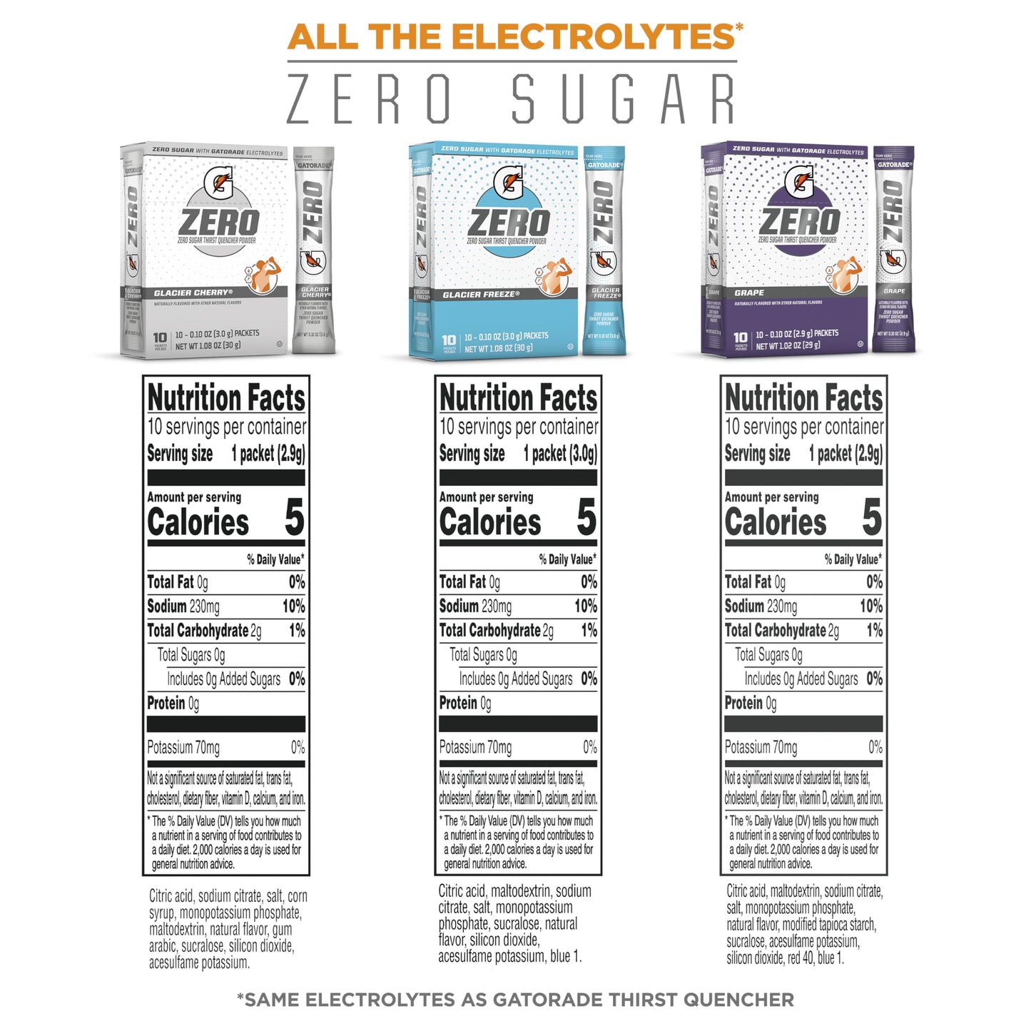 Gatorade G Zero Sports Drink Mix Powder Packets, 3 Flavor Frost Variety Pack, Electrolyte Powder Drink Mix for Hydration, Zero Sugar, 30 Total Packets
