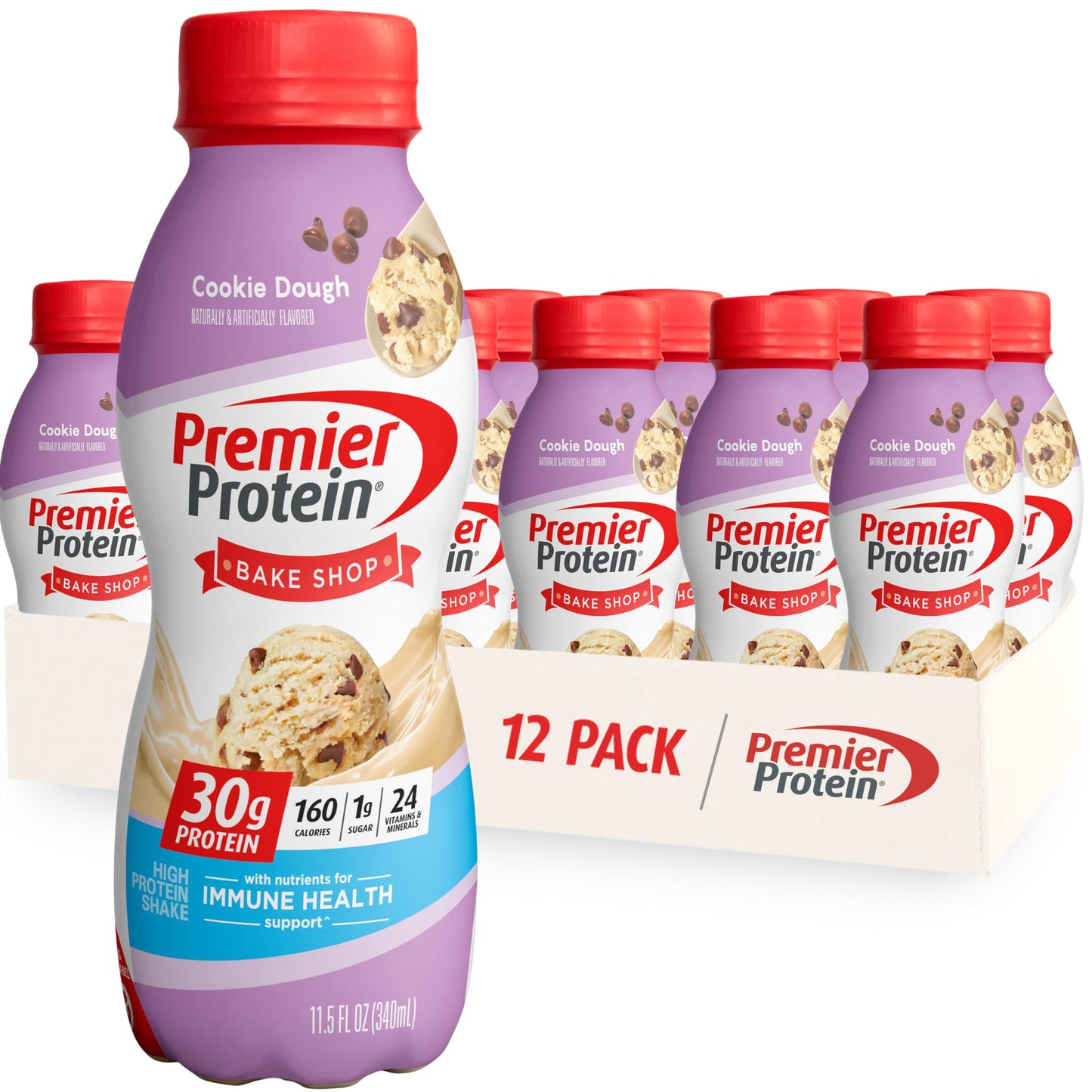 Premier Protein Shake Bundle, 30g Protein, 1g Sugar, 24 Vitamins&Minerals, Cinnamon Roll and Cookie Dough Flavors, Pack of 12, 11.5oz Bottles
