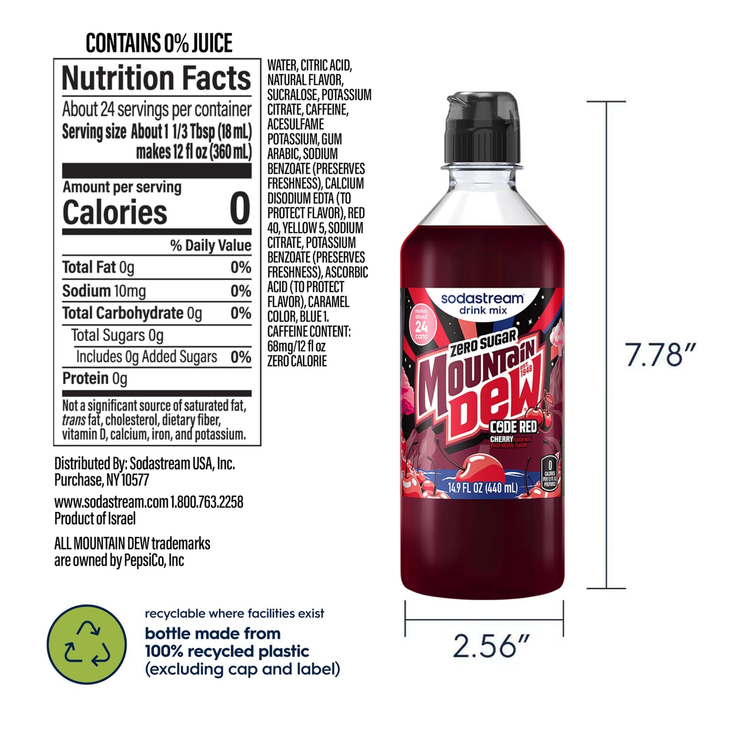 SodaStream MTN Dew Code Red Zero New Pour Bottle Drink Mix 14.9 Fl Oz (Pack of 4)