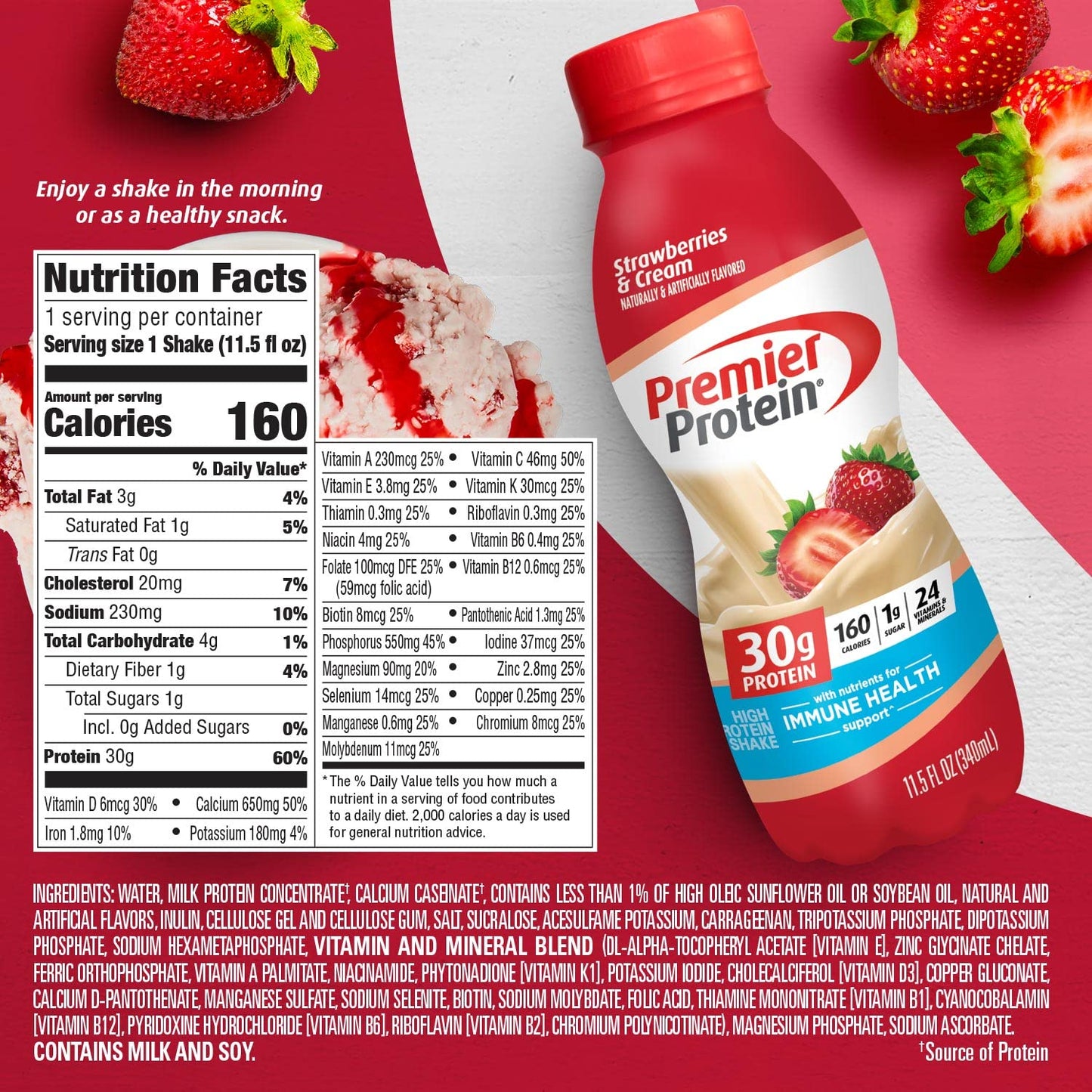 Premier Protein Shake, Strawberries & Cream, 30g Protein, No Added Sugar, 24 Vitamins & Minerals to Support Immune Health, 11.5 fl oz, 1 Pack (Packaging May Vary)