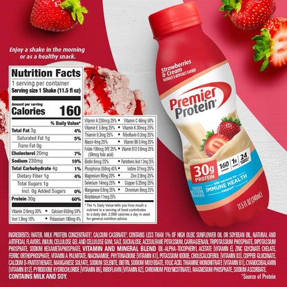 Premier Protein Shake, Strawberries & Cream, 30g Protein, No Added Sugar, 24 Vitamins & Minerals to Support Immune Health, 11.5 fl oz, 1 Pack (Packaging May Vary)