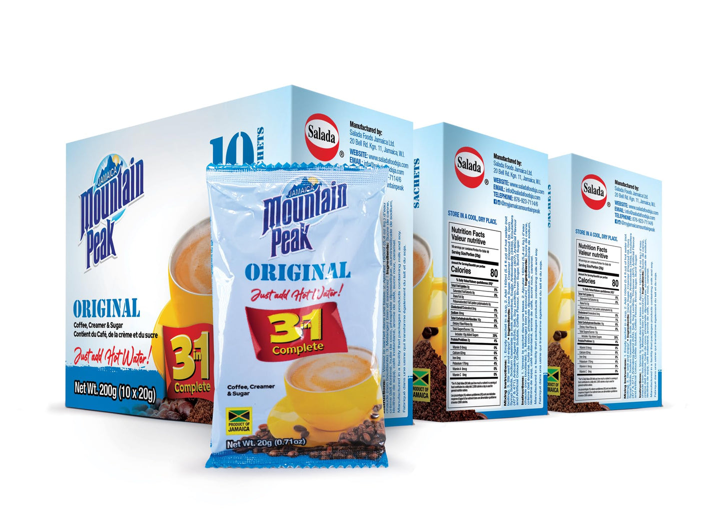 Jamaica Mountain Peak Original 3 in 1 Instant Coffee Mix, Coffee Creamer and Sugar (30 Sachets x 20g), Classic Smooth Flavor, Rich and Creamy, Just Add Water