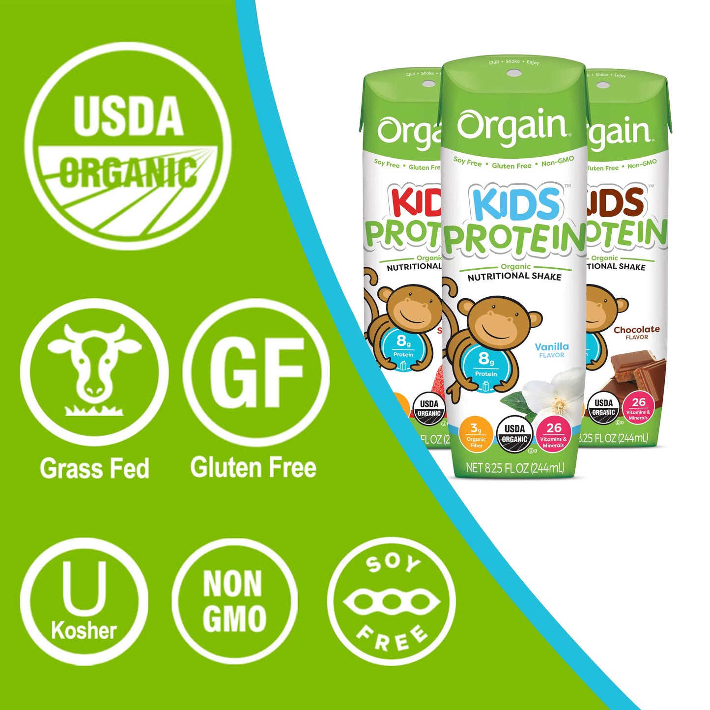 Orgain Organic Protein + Superfoods Powder, Vanilla Bean (2.02lb) and Orgain Organic Kids Nutritional Protein Shake, Vanilla (Pack of 12)