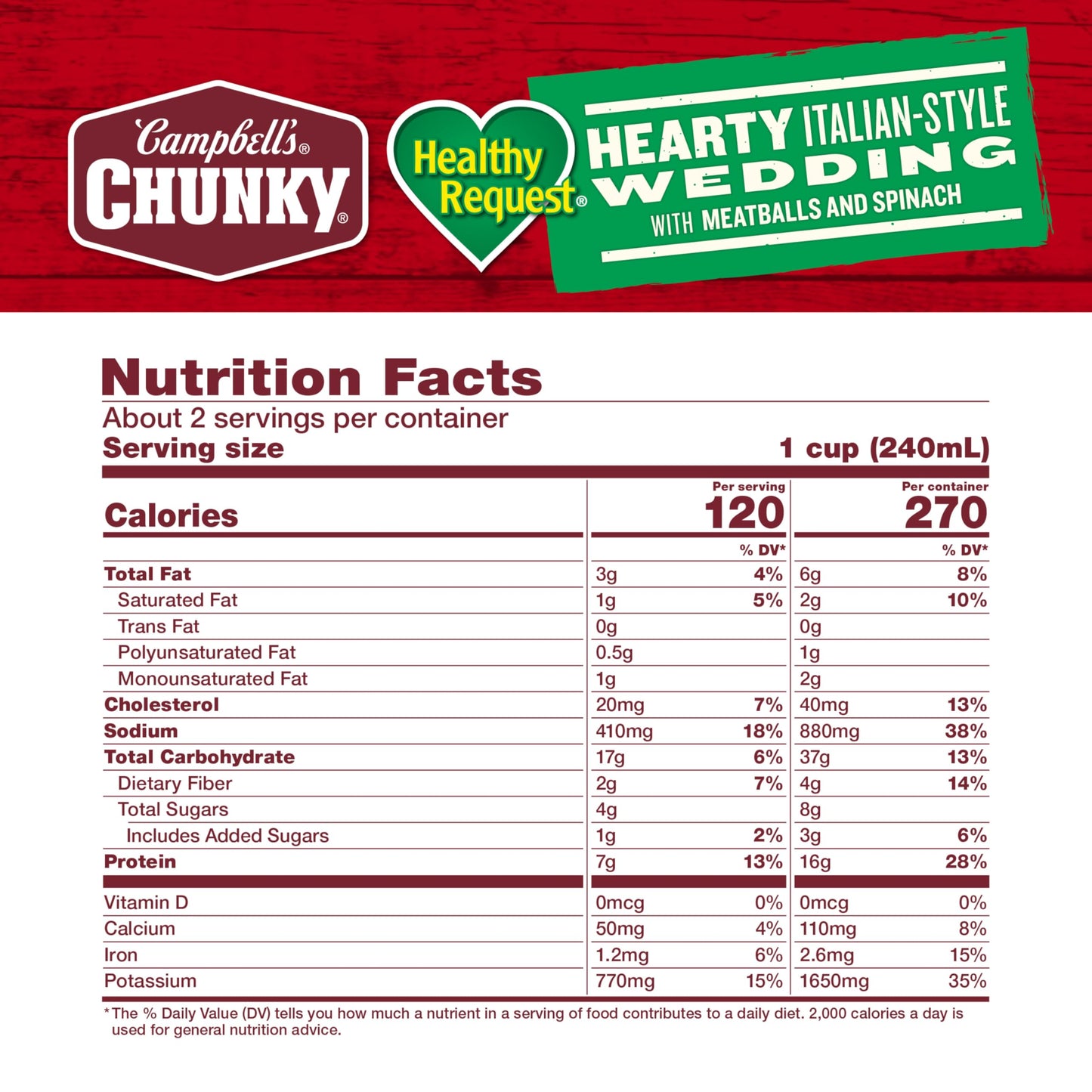 Campbell’s Chunky Healthy Request Soup, Hearty Italian Wedding Soup with Meatballs and Spinach, 18.6 oz Can