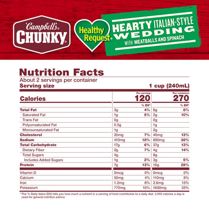 Campbell’s Chunky Healthy Request Soup, Hearty Italian Wedding Soup with Meatballs and Spinach, 18.6 oz Can