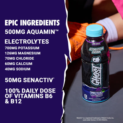 GHOST Hydration Drink, Welch’s Grape - RTD Sports Drink with Electrolytes, Natural Vitamins & Minerals - All Day Lifestyle Hydration Beverage - Zero Caffeine & Zero Sugars - 16.9 Fl Oz, 12 Pack