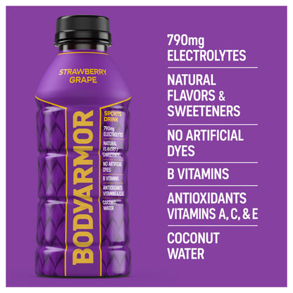 BODYARMOR Sports Drink, Strawberry Grape, Electrolyte Drink Hydration, 16 Fl Oz Bottles (12 Pack), Flavored Coconut Water with B Vitamins & Antioxidants