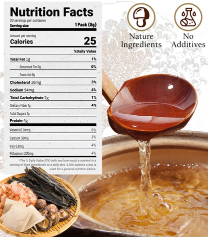 Japanese Mushroom Dashi Powder Soup Base - Natural Umami Dashi Soup Seasoning Stock with Shiitake, Bonito & Kombu, 20x8g Packs for Ramen, Udon, Miso Soup, Hot Pot(5.6oz)