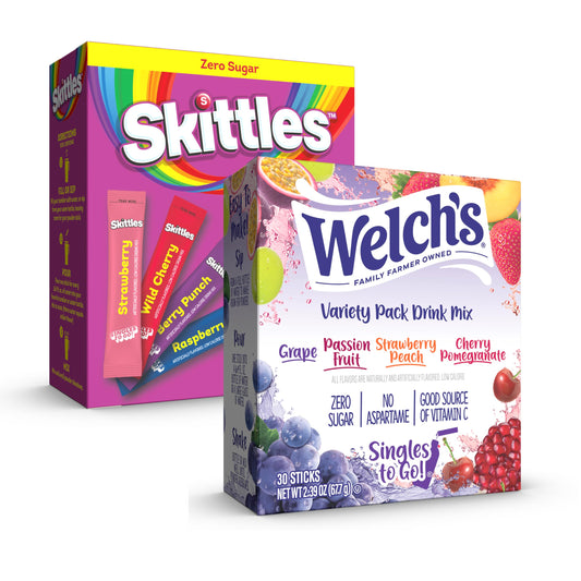Welch's & Skittles Singles To Go Variety Pack, Watertok Powdered Drink Mix, 8 Flavors Total, Zero Sugar, Low Calorie, 2 Boxes (60 Servings)