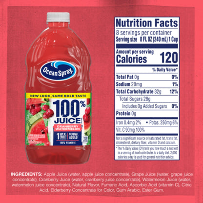 Ocean Spray® 100% Juice Cranberry Watermelon Juice Blend, 64 Fl Oz Bottle (Pack of 1)