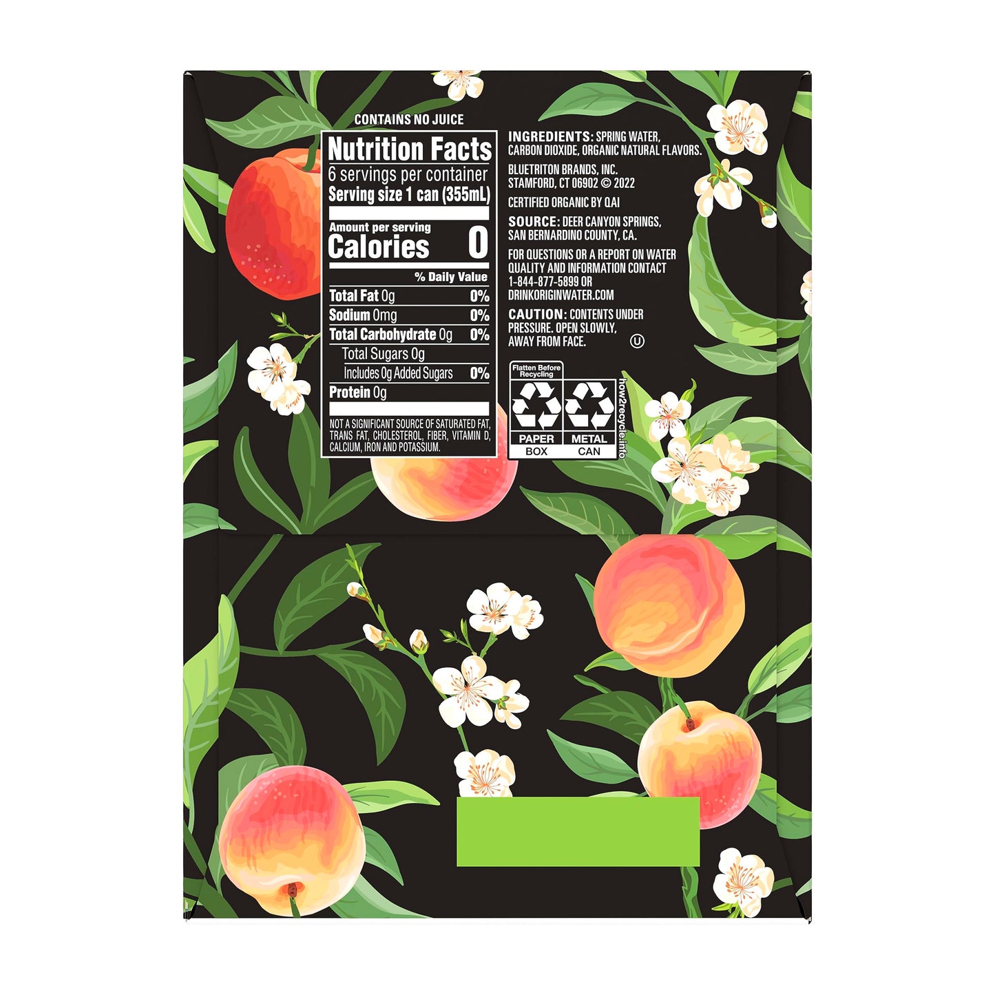 ORIGIN Organic & Non-GMO Peach Flavor Sparkling Water, 12 Fl Oz, Recyclable Aluminum Cans (6 Count) (Pack of 2)