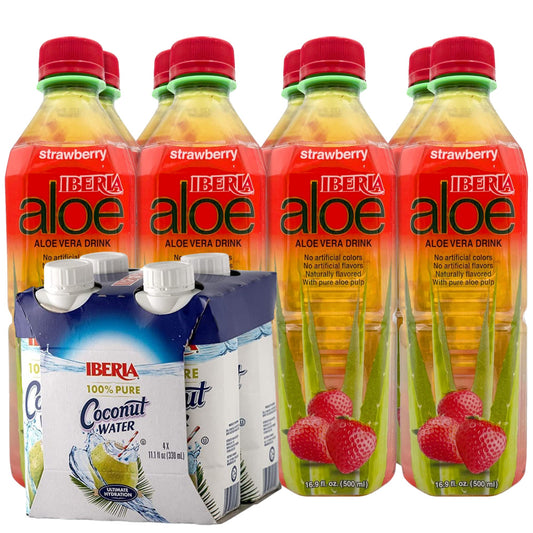 Iberia 100% Natural Coconut Water 11.1 Oz (Pack Of 4)+ Iberia Aloe Vera Juice Drink, Strawberry, 16.9 Fl Oz, Pack of 8