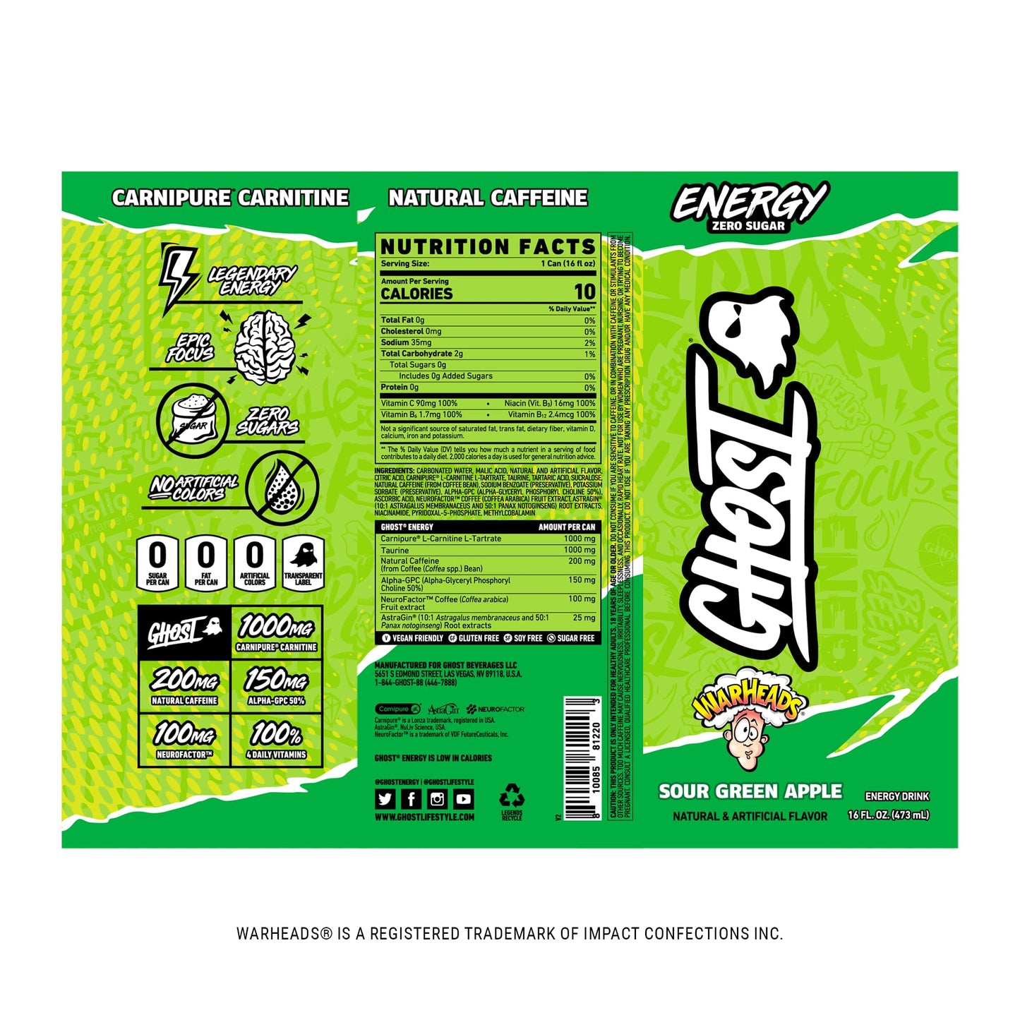 GHOST Energy Drink - Single Can, Warheads Sour Green Apple 16oz - Energy & Focus & No Artificial Colors - 200mg Natural Caffeine, L-Carnitine & Taurine - Gluten-Free & Vegan