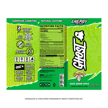 GHOST Energy Drink - Single Can, Warheads Sour Green Apple 16oz - Energy & Focus & No Artificial Colors - 200mg Natural Caffeine, L-Carnitine & Taurine - Gluten-Free & Vegan