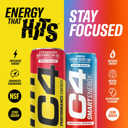 C4 Energy & Smart Energy Drinks Variety Pack, Sugar Free Pre Workout Performance Drink & C4 Energy Drink, Skittles, Carbonated Sugar Free Pre Workout Performance Drink