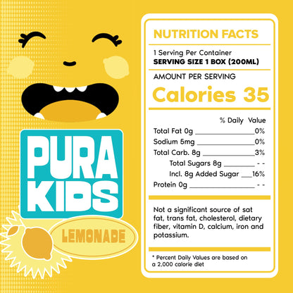 PURA Kids Box | Lemonade Fruit extract infused Drink for kids | 8g Pure Cane Sugar | Non-GMO | Vegan, No Artificial Sweeteners | Best Lunchbox Beverage with Paper Straw | 6.76 fl oz (200ml), Pack of 6