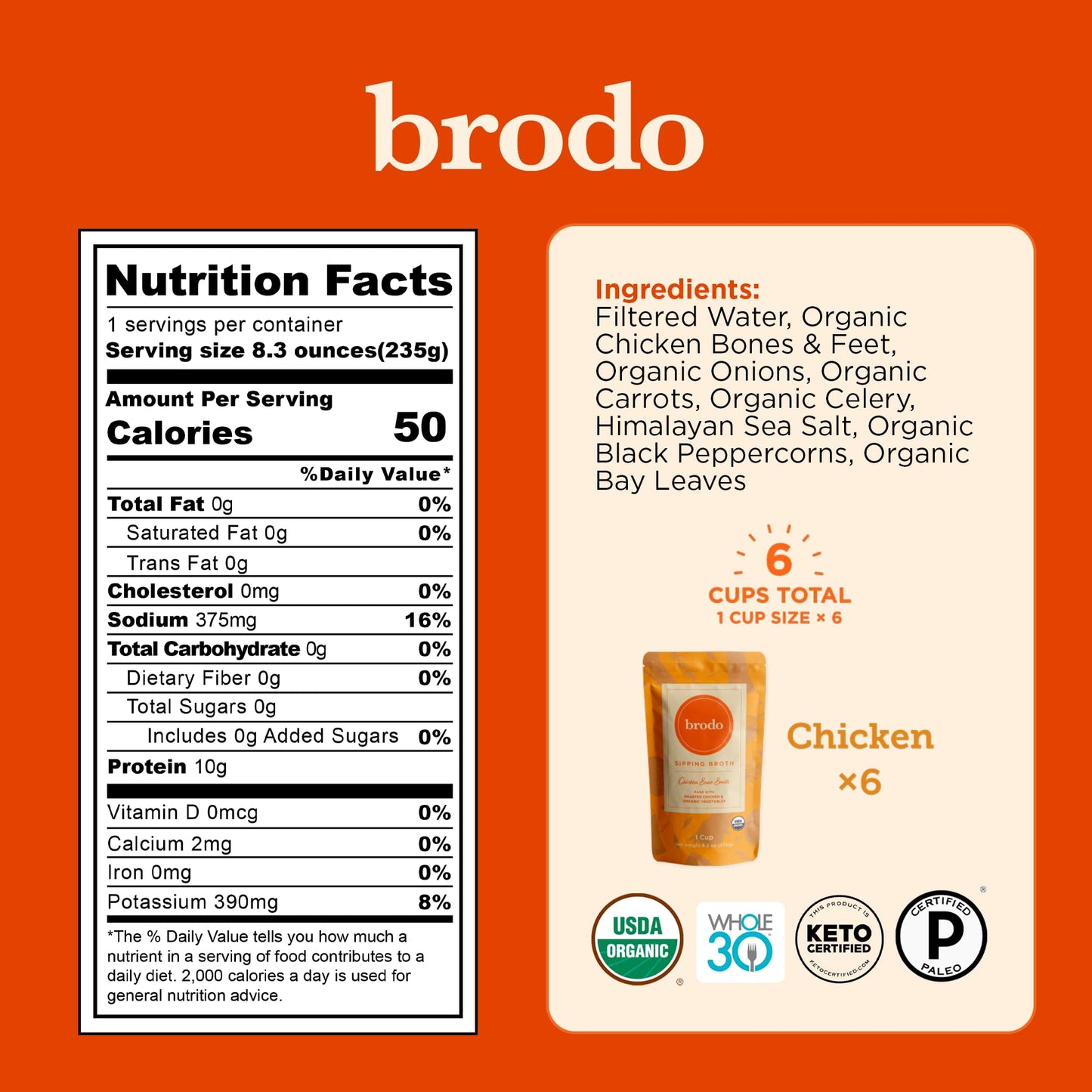 Brodo Organic Chicken Broth | Nutrient Dense, Chef Crafted Bone Broth in Single Serving Pouches | Not Made From Concentrate, No Preservatives (6x 8.3 oz Pouches)