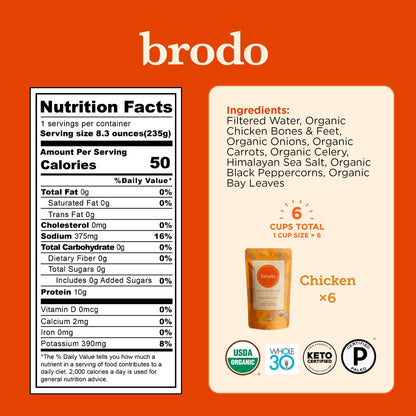 Brodo Organic Chicken Broth | Nutrient Dense, Chef Crafted Bone Broth in Single Serving Pouches | Not Made From Concentrate, No Preservatives (6x 8.3 oz Pouches)