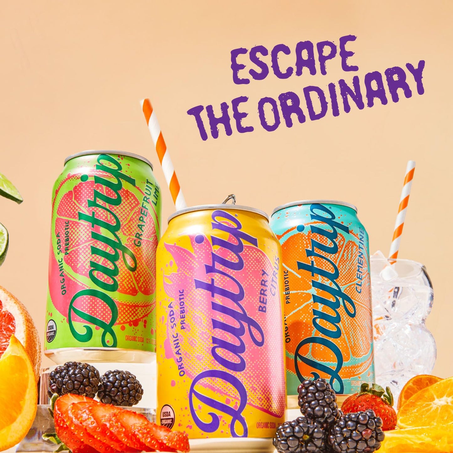 Daytrip Organic Sparkling Prebiotic Soda, Low Sugar Soda and Low Calorie Healthy Soda Alternative, Prebiotic Drink for Gut Health Drink and Digestion, Refreshing Functional Beverage with Plant-Based Fiber, 12-Pack - Grapefruit