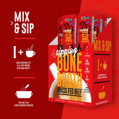 LonoLife Beef Bone Broth Powder Mix | Grass-Fed, 10g Protein | Collagen-Rich, Keto & Paleo Friendly | Natural Ingredients | 10 Portable Stick Pack Servings